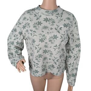 Vans Sage Green Passion Flower Floral Mock Neck Puff Sleeve Boxy Tee Knit Top XS